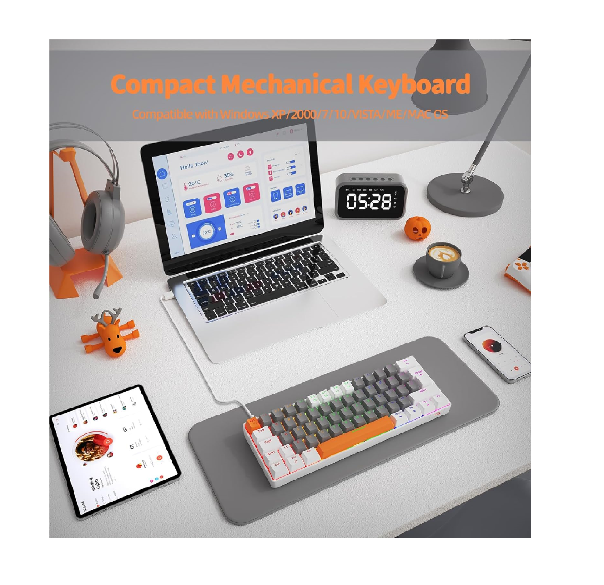 ZIYOU LANG T60 60% Compact Mechanical Gaming Keyboard Mouse PC Set Blue Switch - 12000DPI QWERTY UK Layout Mini 62 Keys, Detachable USB Type C Cable RGB Programming Mouse - White